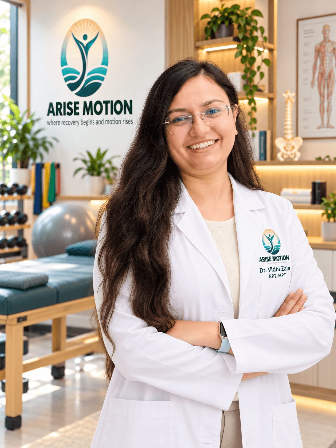 Dr. Vidhi Zala, neuro-physiotherapist, smiling in a white coat with her arms crossed